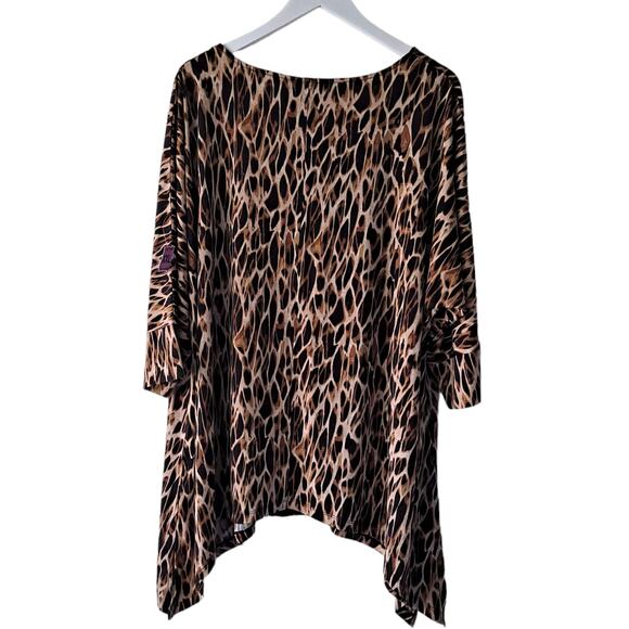 Catherines Brown & Black Animal Print Lace Trim Short Sleeve Top - Size 2X 22/24 - Picture 2 of 11